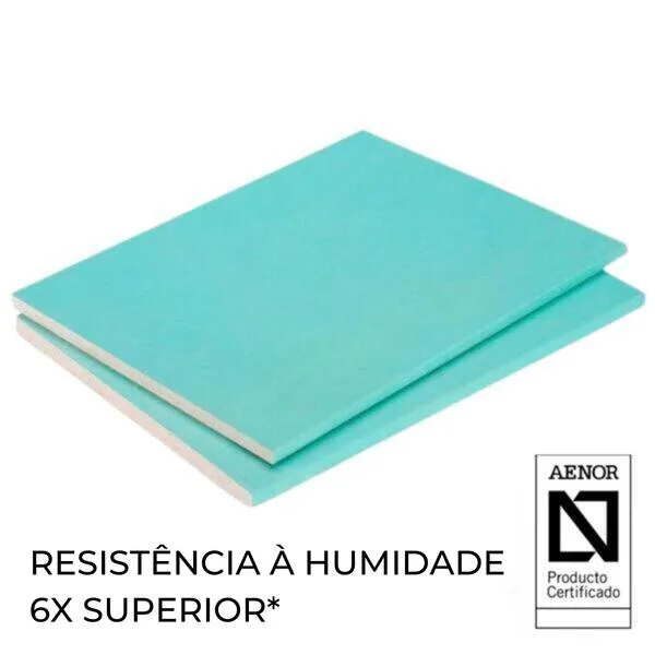 Placa Gesso Cartonado Hidrofugada Resistente Humidade Verde Tetos Falsos Divisórias Gypfor Aqua BA13