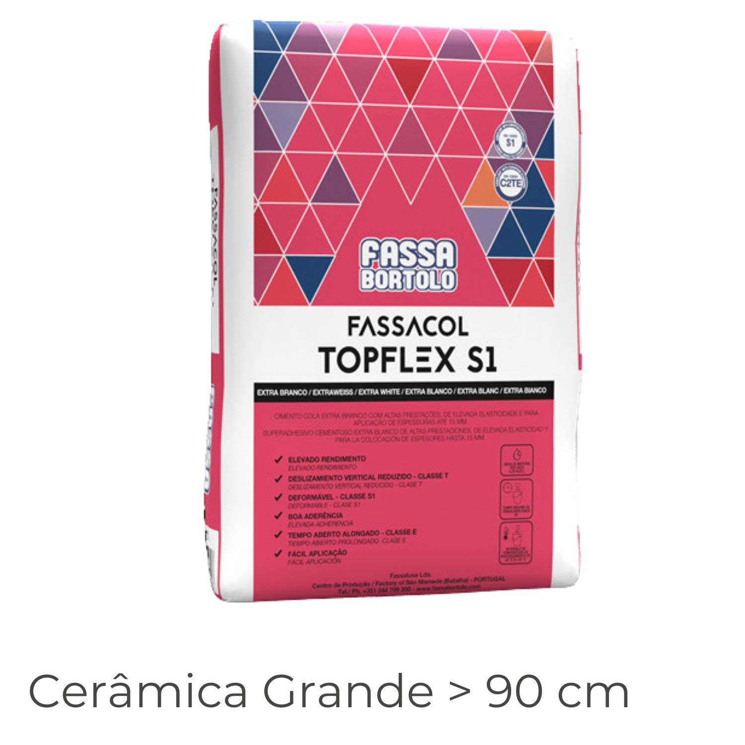 Cimento Cola Exterior Peças Grande Formato Fassacol Topflex S1 Extra Branco 25KG C2TE S1
