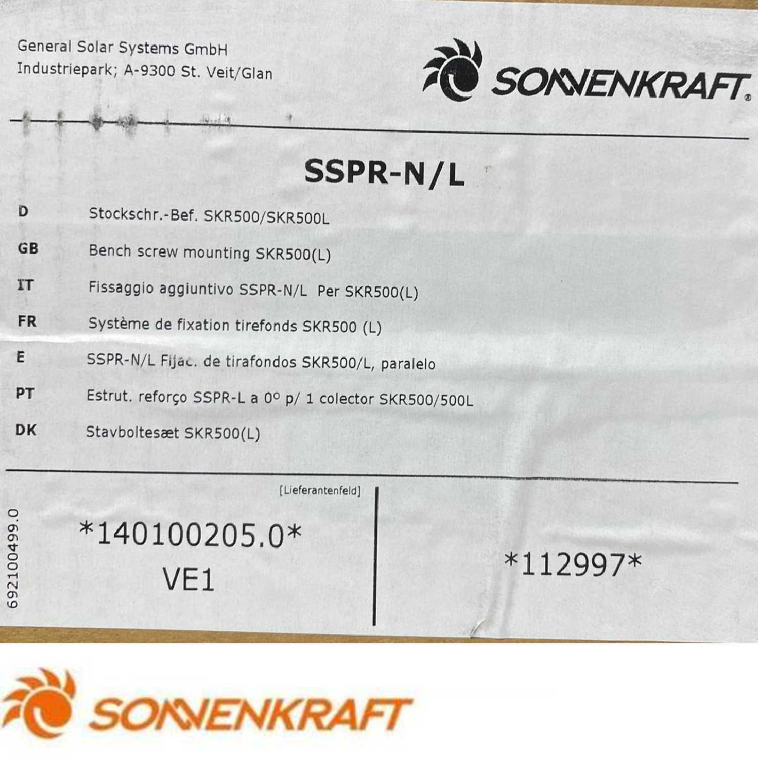 Estrutura Reforço Sonnenkraft SSPR-L a 0º para um Colector SKR500/500L 112997