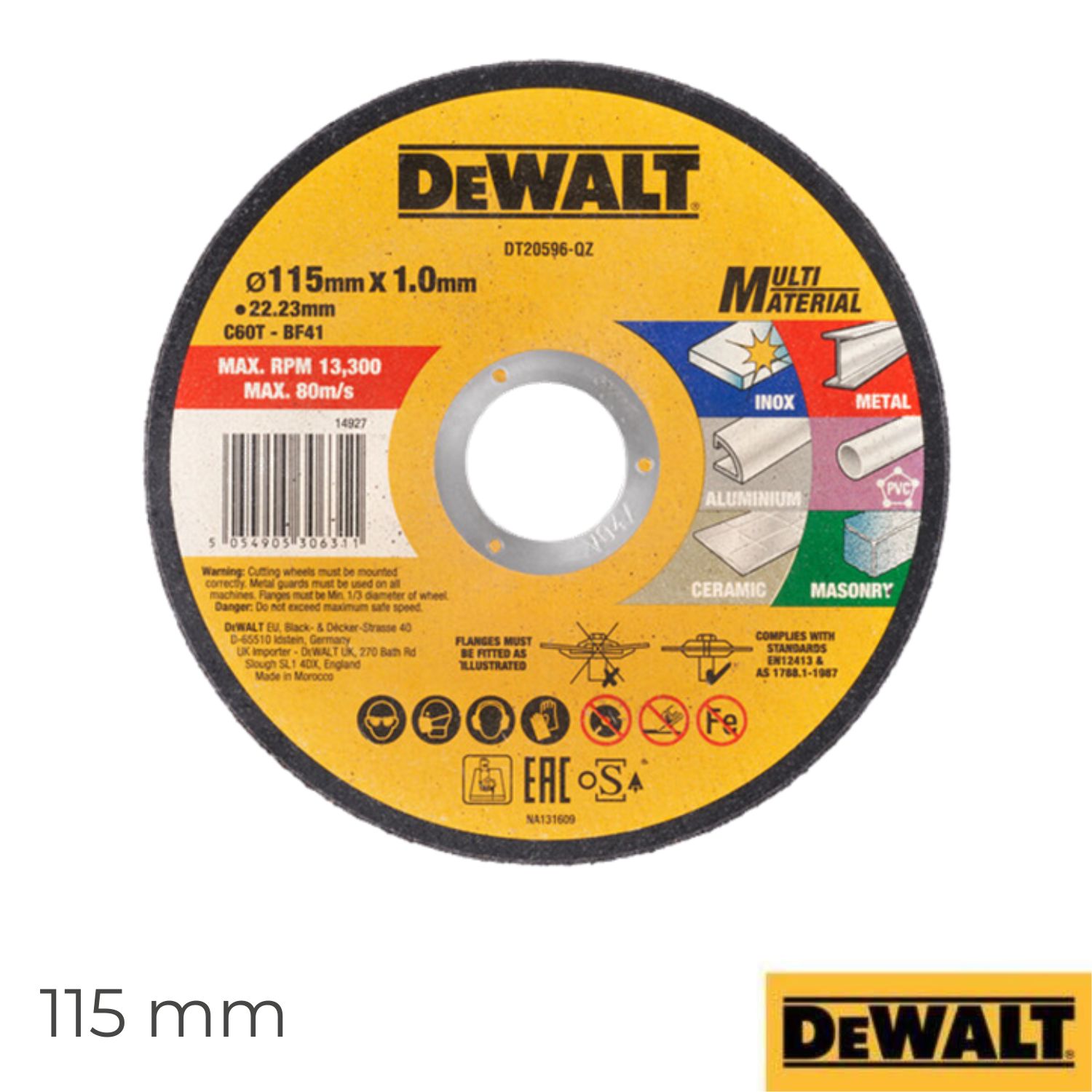 Disco de Corte Dewalt DT20596-QZ 115X1MM para Aço Inox, Metal, Alumínio, Cerâmica, Alvenaria, PVC