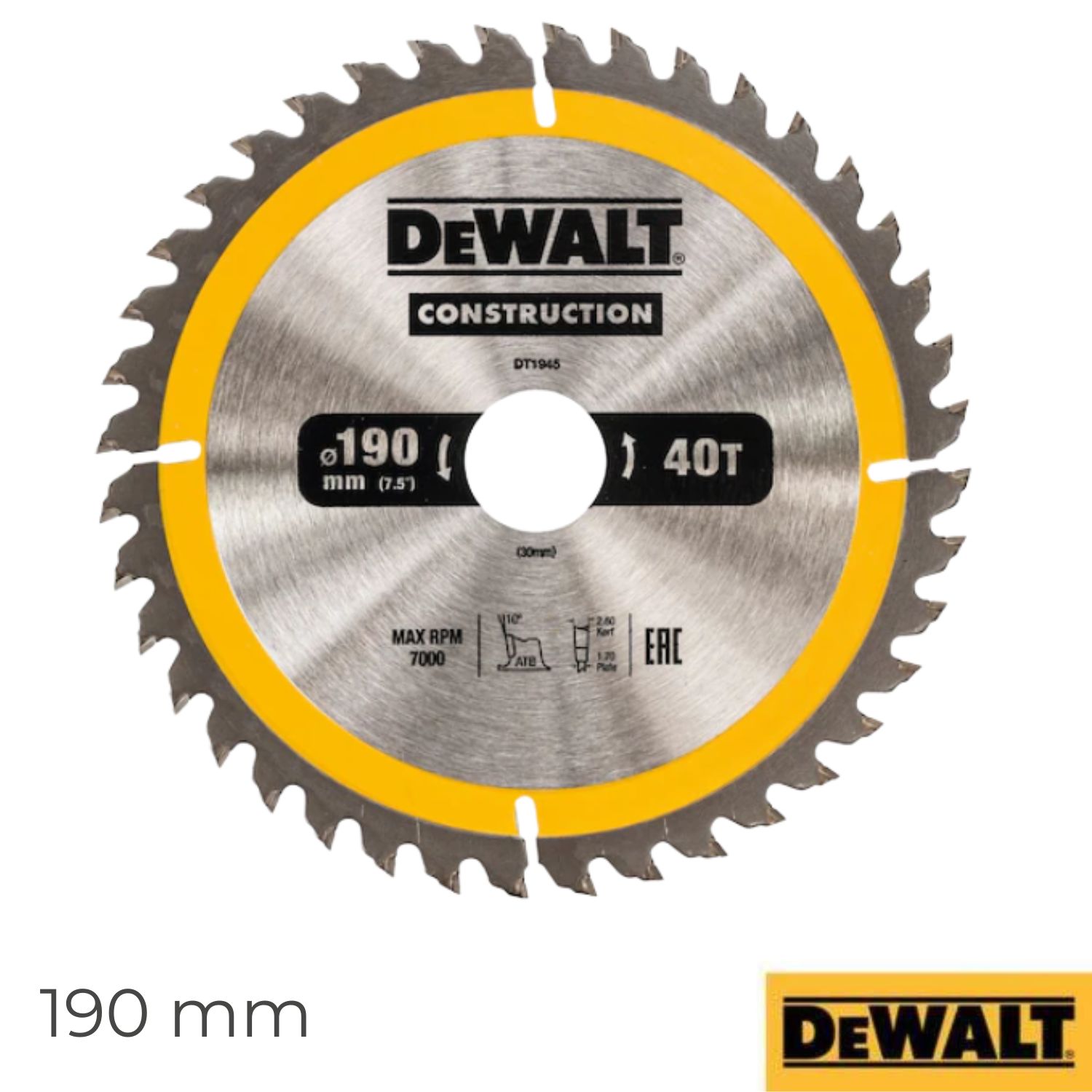 Lâmina Dewalt DT1945-QZ Ø190X30MM 40D ATB +10º para Serra Circular Portátil para Construção