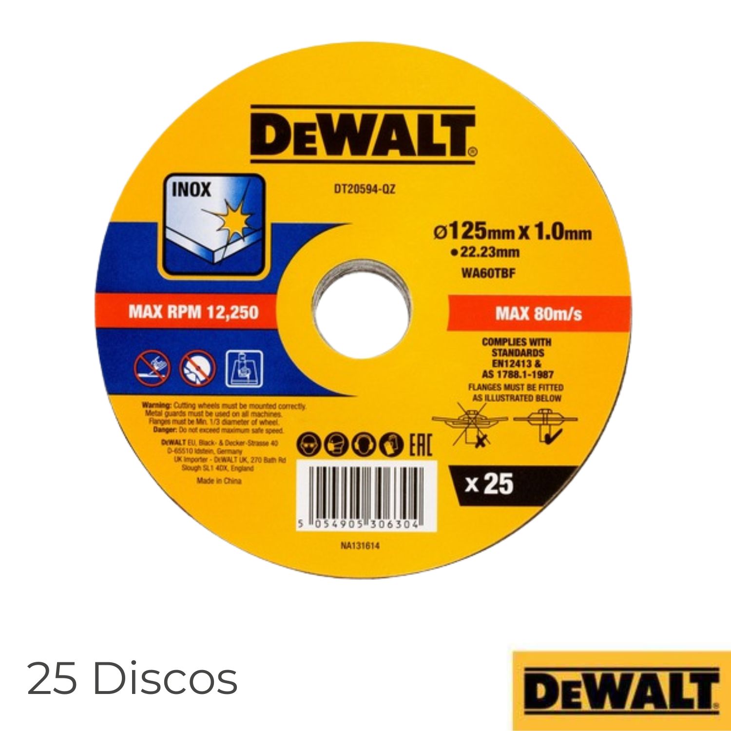 Discos de Corte Dewalt DT20594-QZ Inox 125x1MM (25 Discos) para Rebarbadora