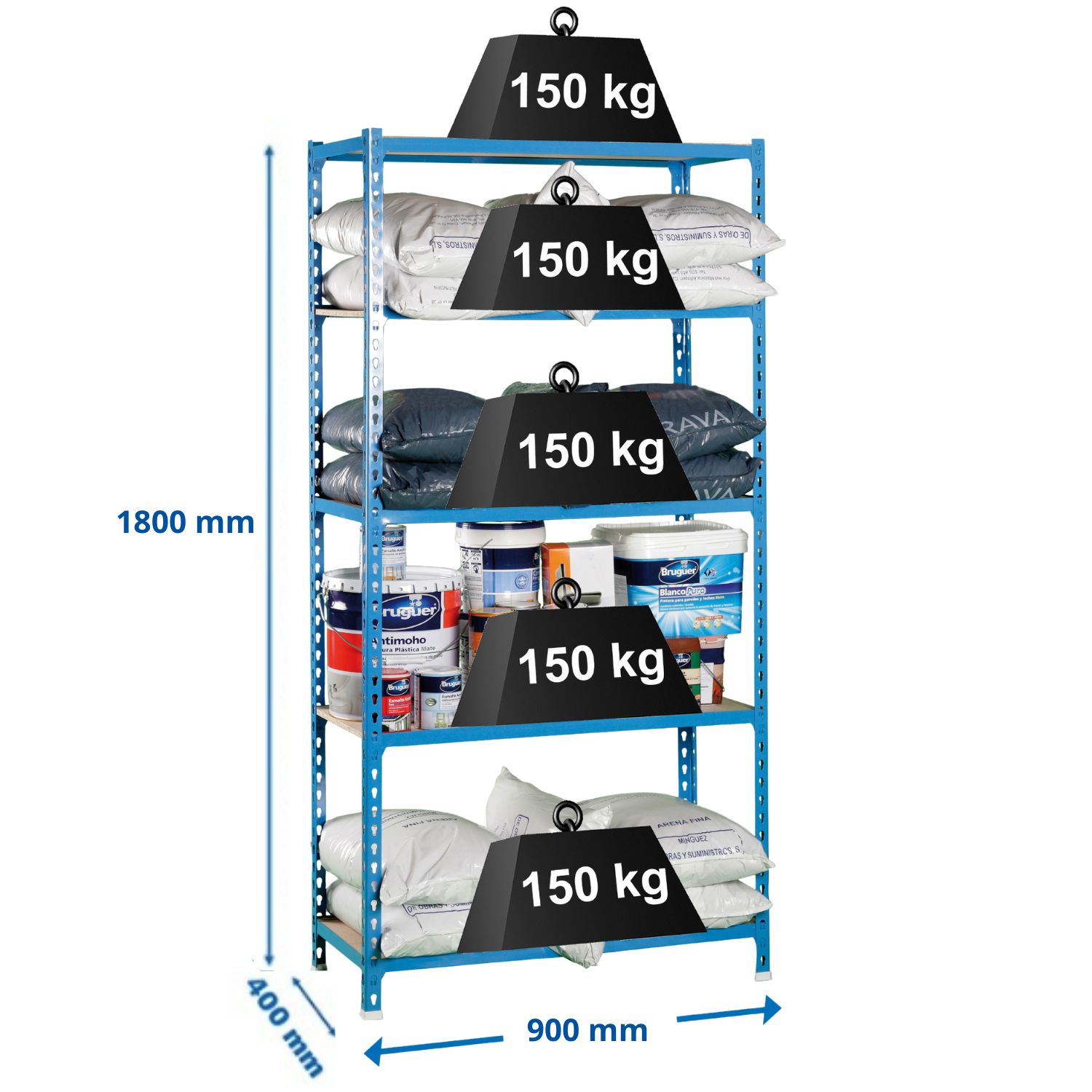 Estante 5 Prateleiras Click 150Kg/Prat. 900x400x1800mm Azul/Madeira Montagem Rápida Muito Resistente