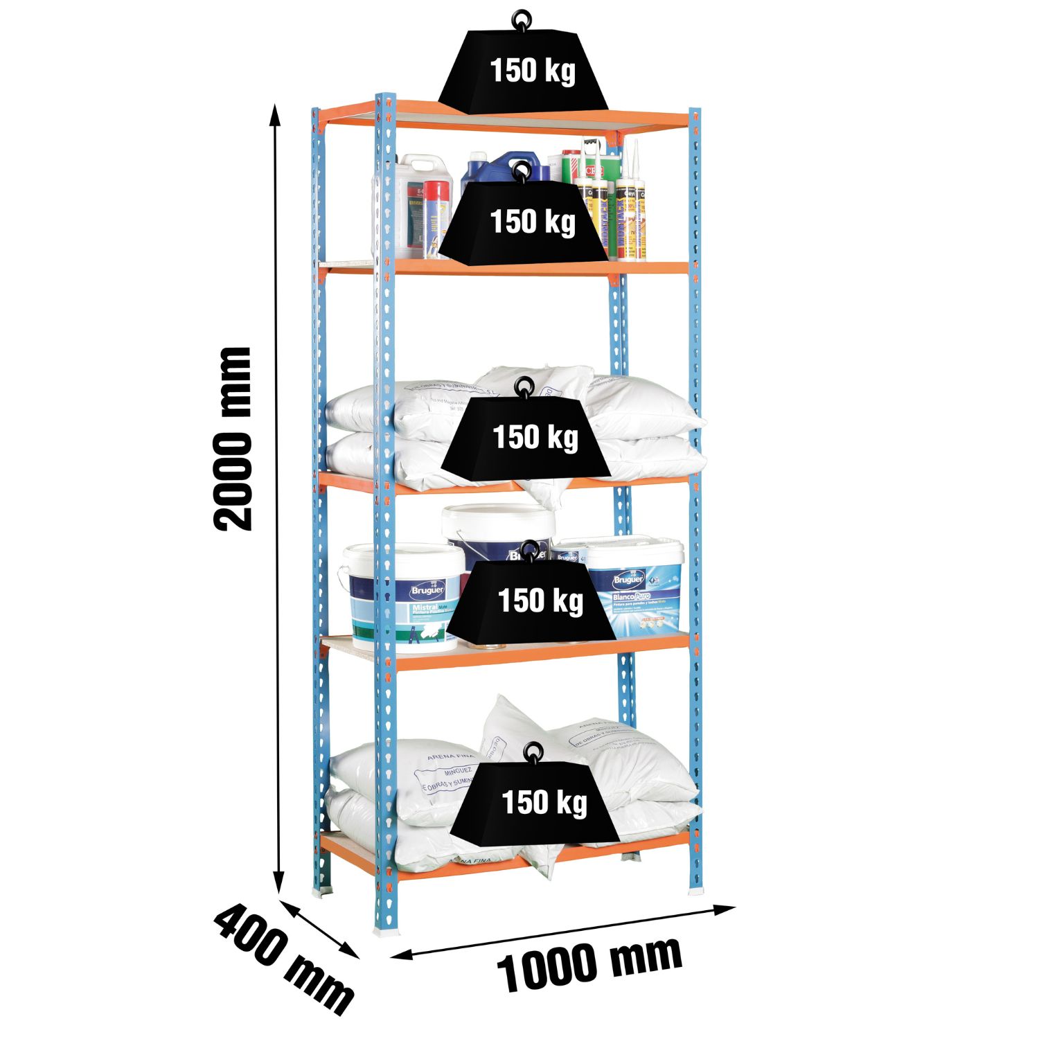 Estante 5 Prateleiras Click 150kg/Prat. 1000x400x2000mm Azul/Laranja/Madeira Montagem Rápida