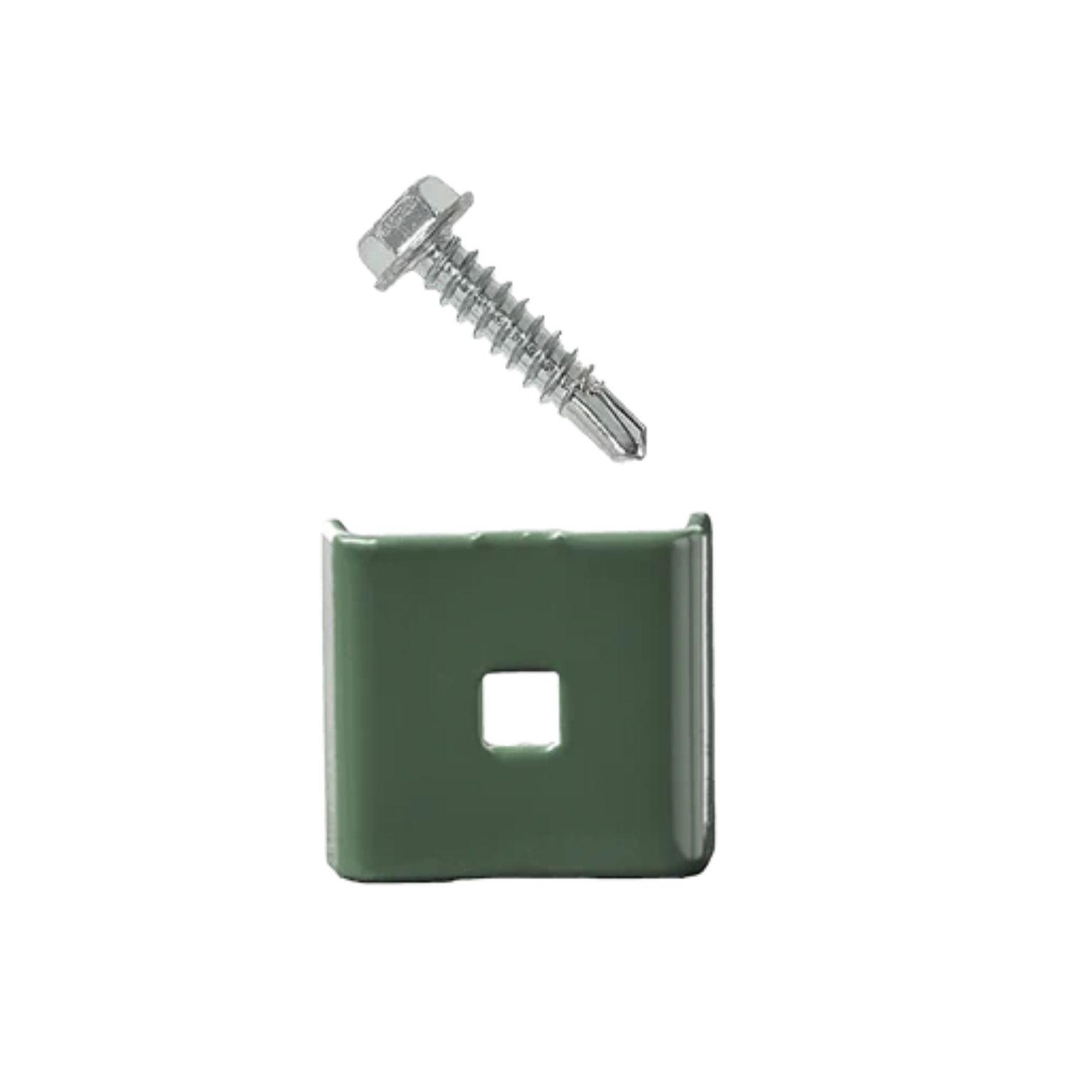 Abraçadeira Metálica Verde RAL6005 + Parafuso M6 para Painel Vedação Metálico