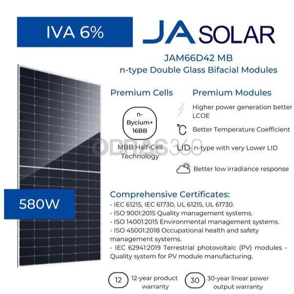 Módulo Fotovoltaico 580W - JASolar Bifacial N-Type MBB Half-Cell Module - JAM66D42 580/MB MC4 - 580W - Bifacial - 2278x1134x30MM - 132 Células