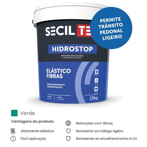 Membrana Elástica SecilTek Hidrostop Elástico Fibras Impermeabilização Varandas Terraços Coberturas - Verde - 15 kg