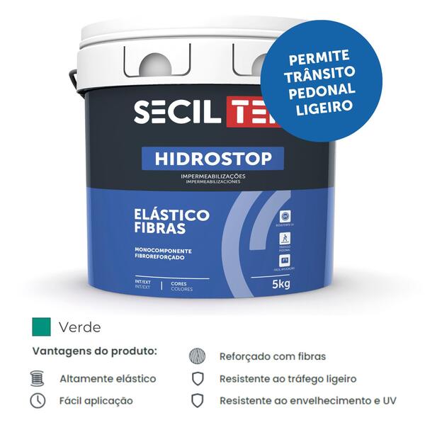 Membrana Elástica SecilTek Hidrostop Elástico Fibras Impermeabilização Varandas Terraços Coberturas - Verde - 5 Kg