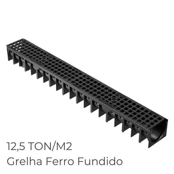 Canal Drenagem Preto com Grelha Ferro Fundido Maior Resistência - Canal 100cm comp. x 12cm larg. x 9,2cm alt. + 2 grelhas 50 x 11,2 x2cm