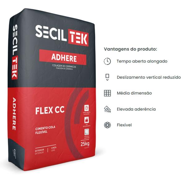 Cimento Cola Flexível de Exterior SecilTek Adhere Flex CC 25 Kg - Cinza - 25 Kg