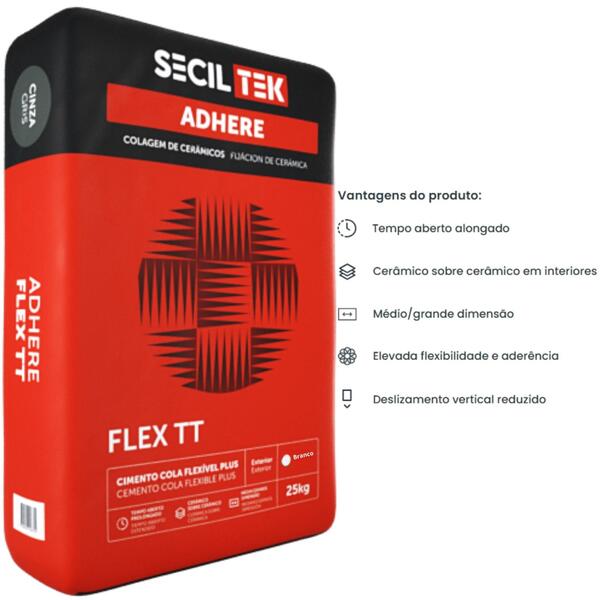 Cimento Cola Flexível Cerâmica sobre Cerâmica SecilTek Adhere Flex TT C2TE - Branco - 25 kg