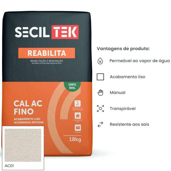 Acabamento Transpirável SecilTek Reabilita Cal AC FINO NATURAL AC01 à Base de Cal Hidráulica - AC01 Natural -  SACO 18 Kg - Limitado ao stock existente