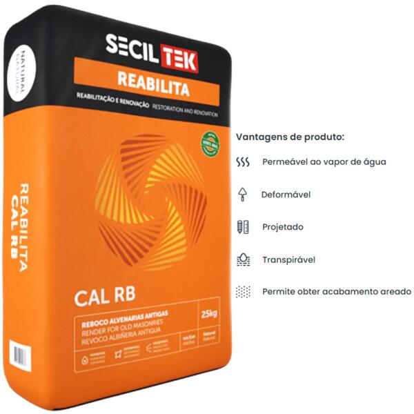 Argamassa Reboco Projectar Cal Hidráulica Natural (NHL) Alvenaria Antiga SecilTek Reabilita Cal RB - 25 Kg
