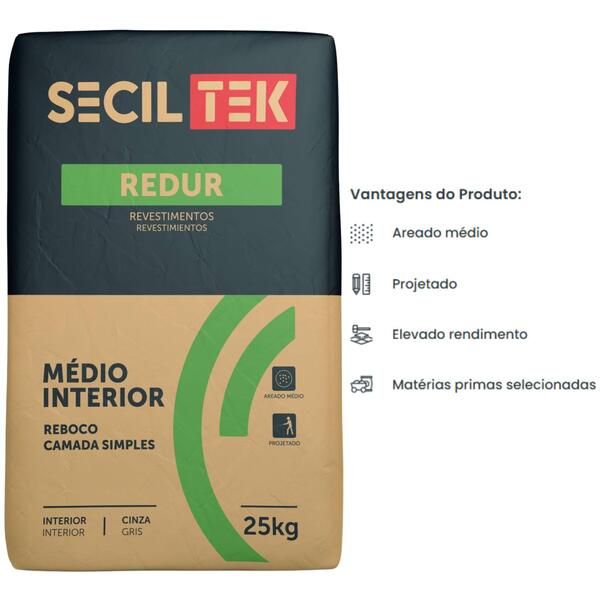 Reboco SecilTek Redur Médio Interior, Areado Médio Projetar 25KG - Cinza - 25 Kg