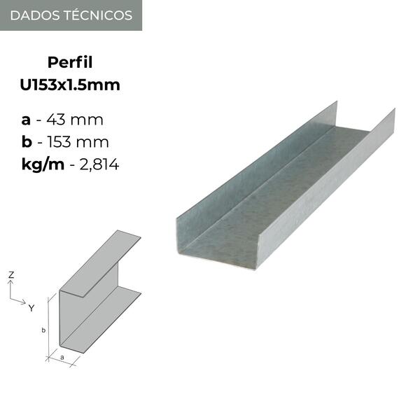 Perfil Estrutural Canal LSF Aço Leve S280GD Reabilitação U153X43X1,5MM 6M - 6 m - U153 x 43 x 1,5 mm