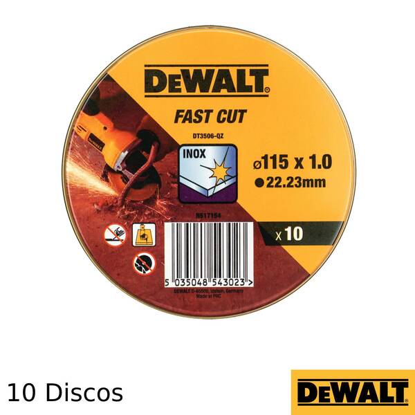 Discos de Corte Dewalt DT3506-QZ para Aço Inox 115x1mm (10 Discos) - Lata de 10 discos - Ø 115 mm x 1 mm x 22.23 mm