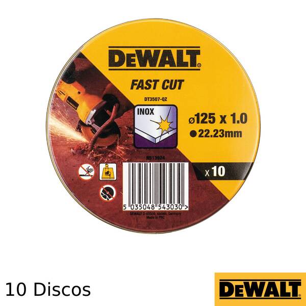 Discos de Corte Dewalt DT3507-QZ para Aço Inox 125x1mm (10 Discos) - Lata de 10 discos - Ø 125 mm x 1 mm x 22.23 mm - Limitado ao stock