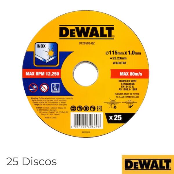 Discos de Corte Dewalt DT20593-QZ Inox 115x1MM (25 Discos) para Rebarbadora - Embalagem 25 discos - Ø 115 mm x 1 mm x 22.23 mm - Limitado ao stock