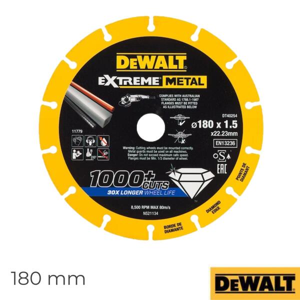 Disco de Corte com Borda de Diamante Extreme Metal Dewalt DT40254-QZ 180x1,3x22,3MM para Rebarbadora - 1 Unid. Ø 180 x 1,3 x 22,3 mm - Limitado ao stock existente