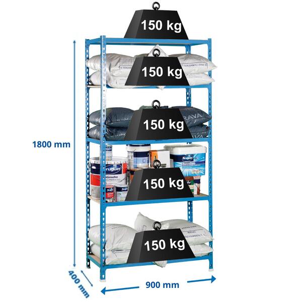 Estante 5 Prateleiras Click 150Kg/Prat. 900x400x1800mm Azul/Madeira Montagem Rápida Muito Resistente - 900(L) x 400(P) x 1800(A)mm / 150Kg/Prateleira