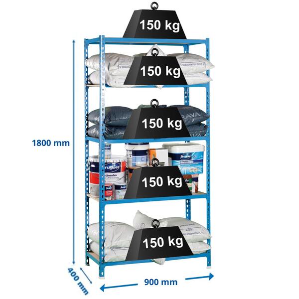 Estante 5 Prateleiras Click 150Kg/Prat. 900x400x1800mm Azul/Madeira Montagem Rápida Muito Resistente