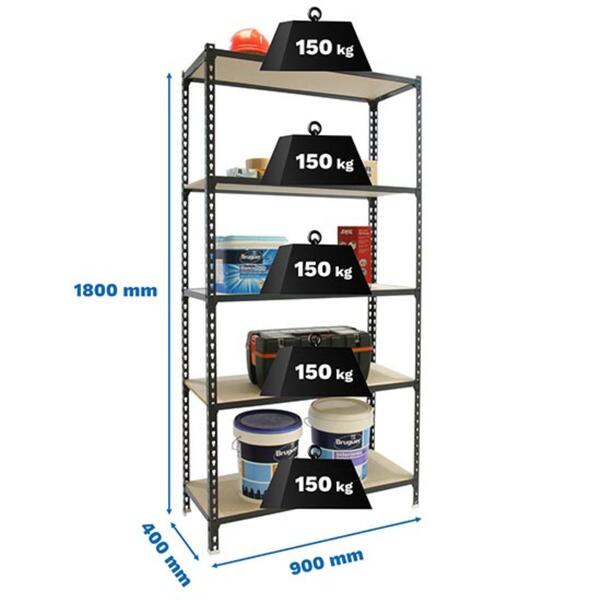 Estante 5 Prateleiras Click 150kg/Prat. 900x400x1800mm Antracite/Madeira Montagem Rápida
