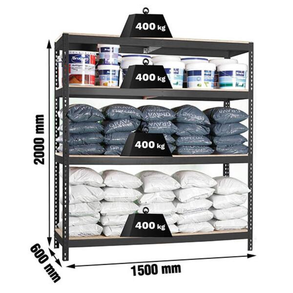 Estante 4 Prateleiras Click 400kg/Prat. 1500x600x2000mm Antracite/Madeira Montagem Rápida - 1500(L) x 600(P) x 2000(A)mm / 400Kg/Prateleira