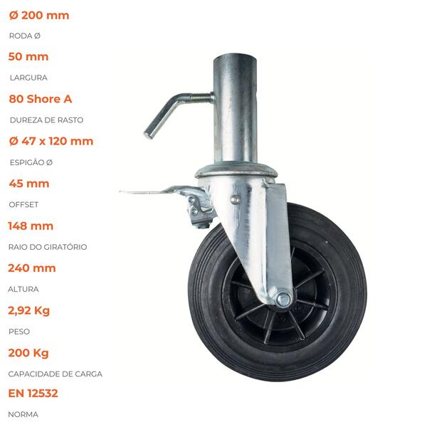 Roda / Rodízio com Travão para Andaime D. 200MM Peça de Andaime Tradicional Segurança Estabilidade - 1 Unid. Ø 200 mm