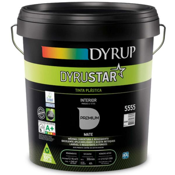 Tinta Interior Vinílica Dyrup Dyrustar 15L Branco Mate Aquosa Lavável Anti Fungos Elevada Qualidade