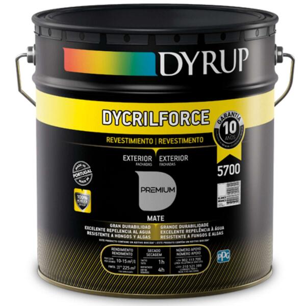 Tinta Exterior 100% Acrílica Dyrup Dycrilforce 15L Branco Mate Elevada Repelência Água Anti Fungos